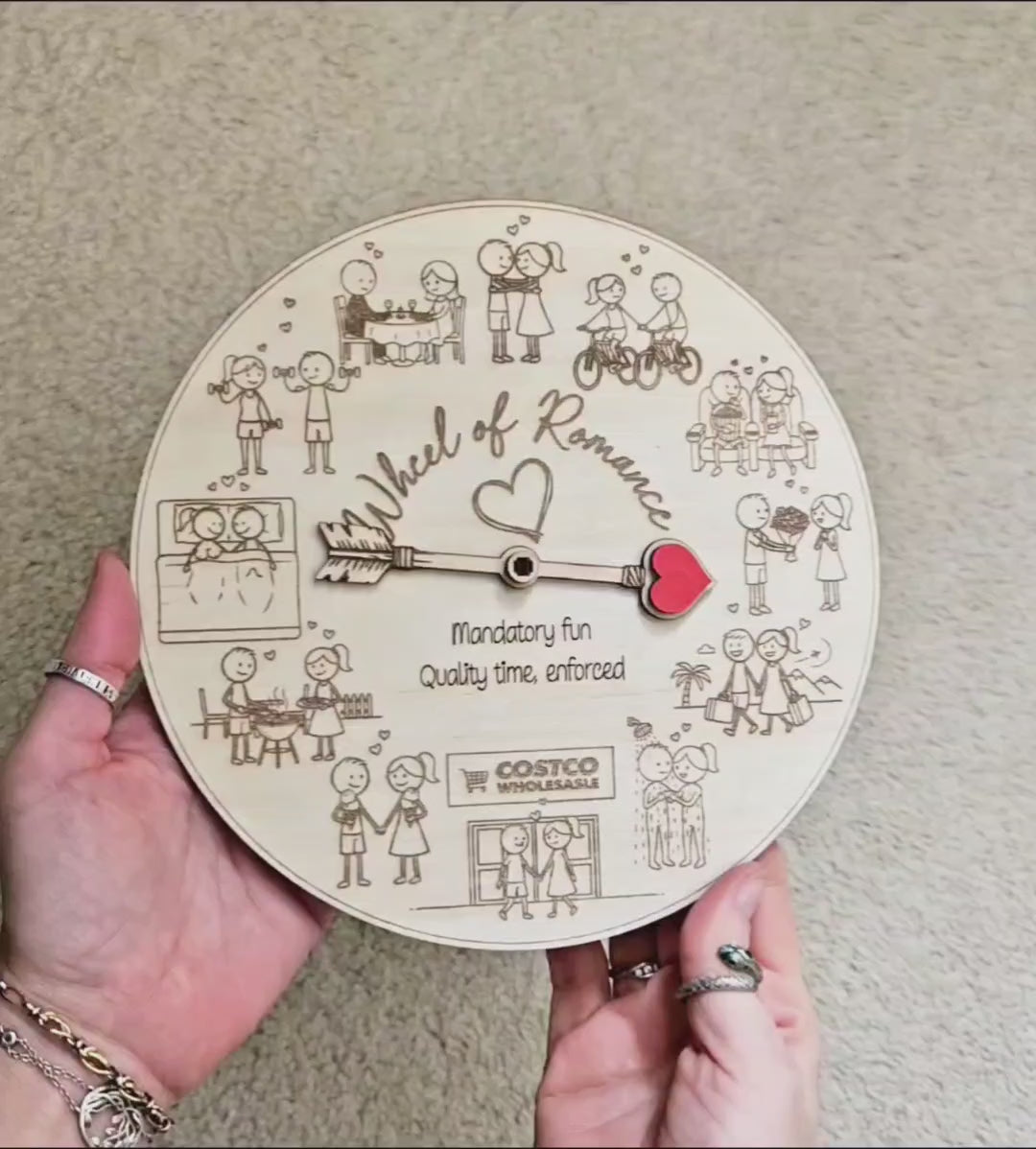 Valentines Day date night couples spinner game, laser cut SVG files for Glowforge machines, Xtool, Falcon by www.dupercut.com