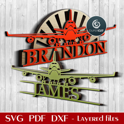 Airplane door hanger sign add custom name - SVG EPS DXF files for laser cutting with Glowforge, Cricut, Silhouette, CNC plasma machines by DuperCut