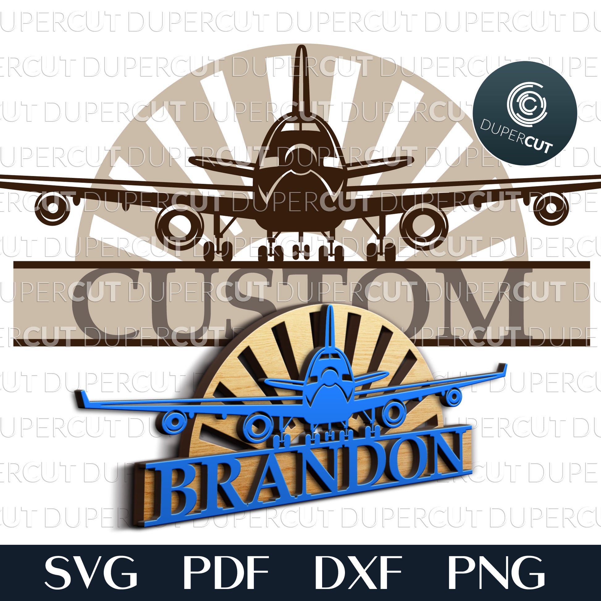 Airplane name sign - customized boys room decoration - SVG EPS DXF files for laser cutting with Glowforge, Cricut, Silhouette, CNC plasma machines by DuperCut