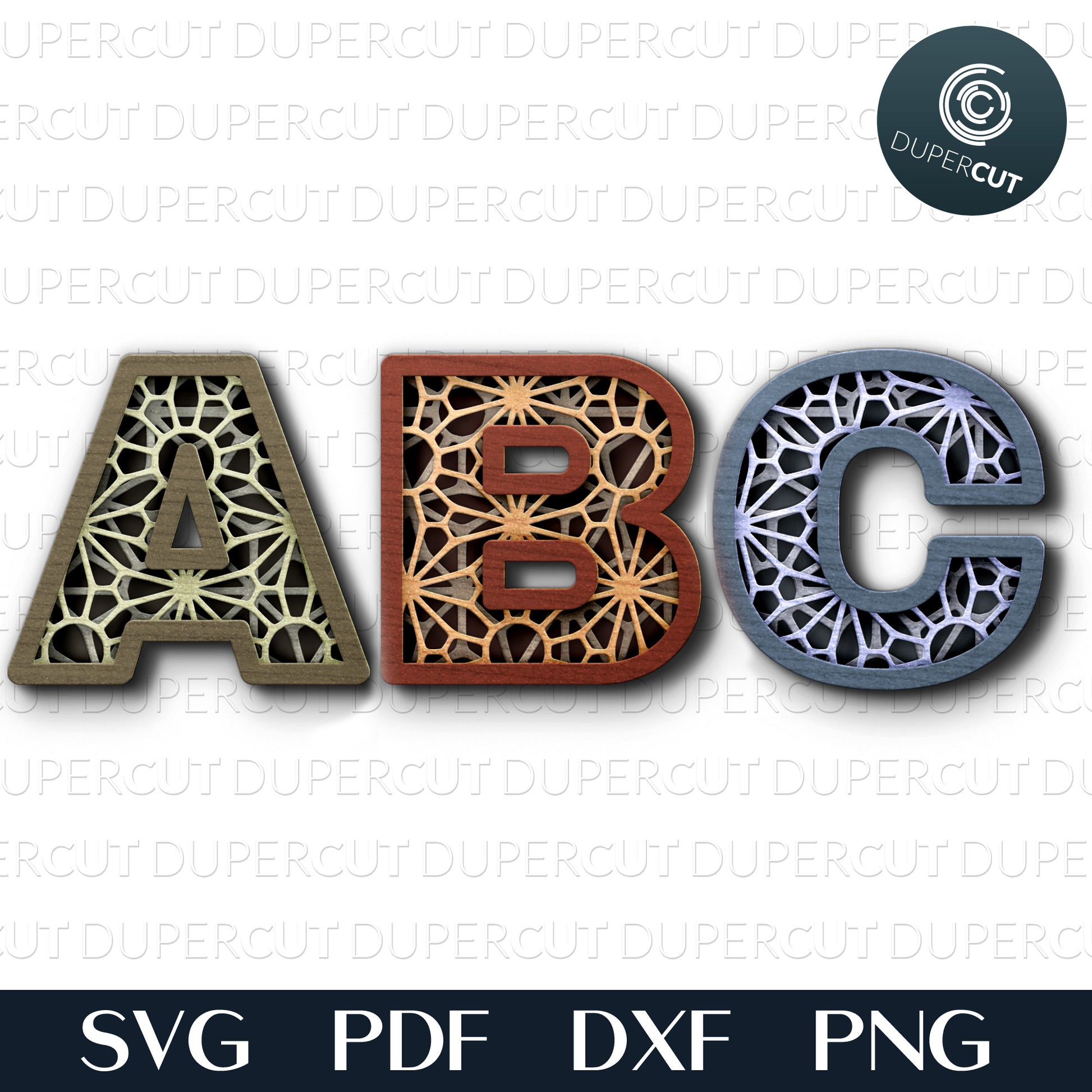 Layered alphabet for laser cutting. SVG PNG DXF cutting files for Cricut, Glowforge, Silhouette cameo, laser engraving