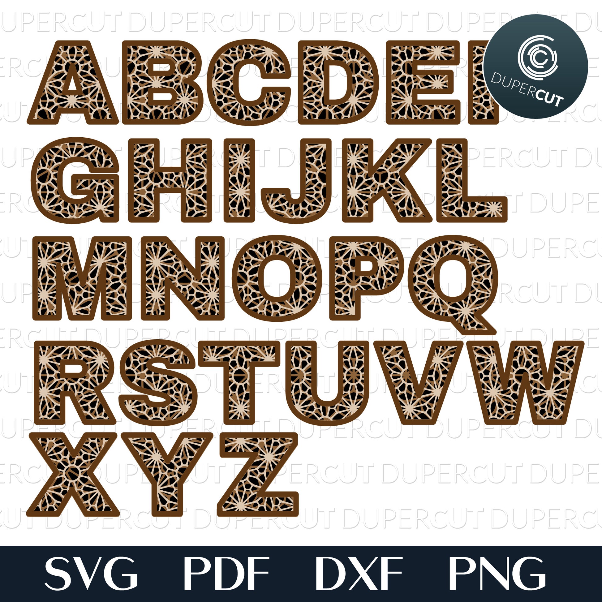 Alphabet letters - layered vector template. SVG PNG DXF cutting files for Cricut, Glowforge, Silhouette cameo, laser engraving