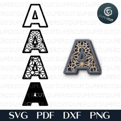 Zentangle letters layered cut files - whole alphabet. SVG PNG DXF cutting files for Cricut, Glowforge, Silhouette cameo, laser engraving