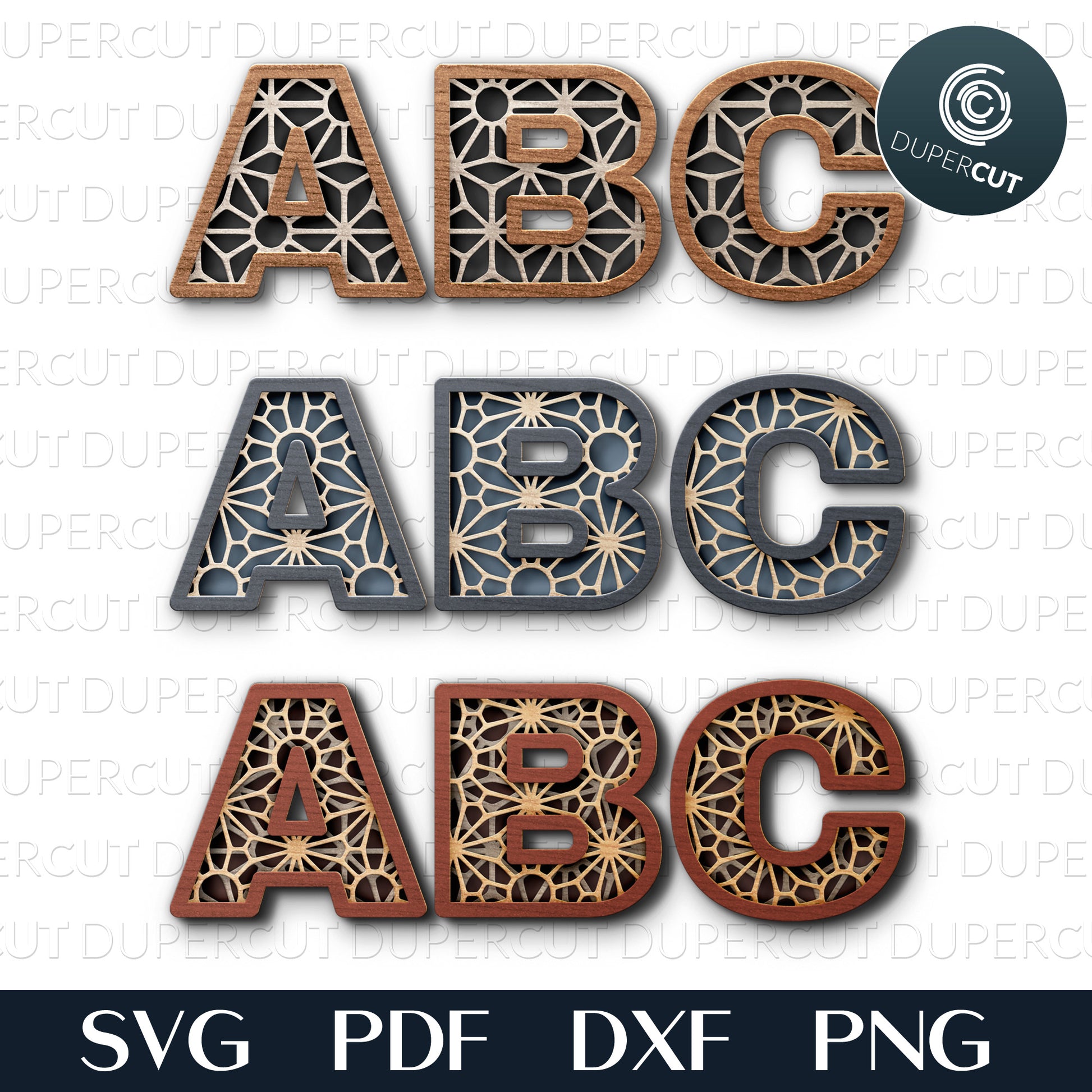 Multi-layer alphabet letters. SVG PNG DXF cutting files for Cricut, Glowforge, Silhouette cameo, laser engraving