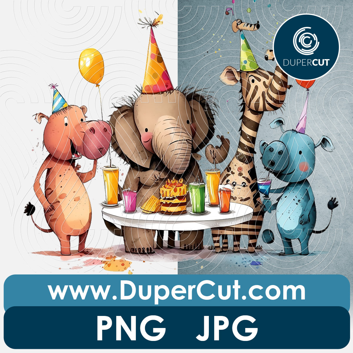 Wild animals party cartoon with transparent background - PNG file sublimation pattern by www.dupercut.com