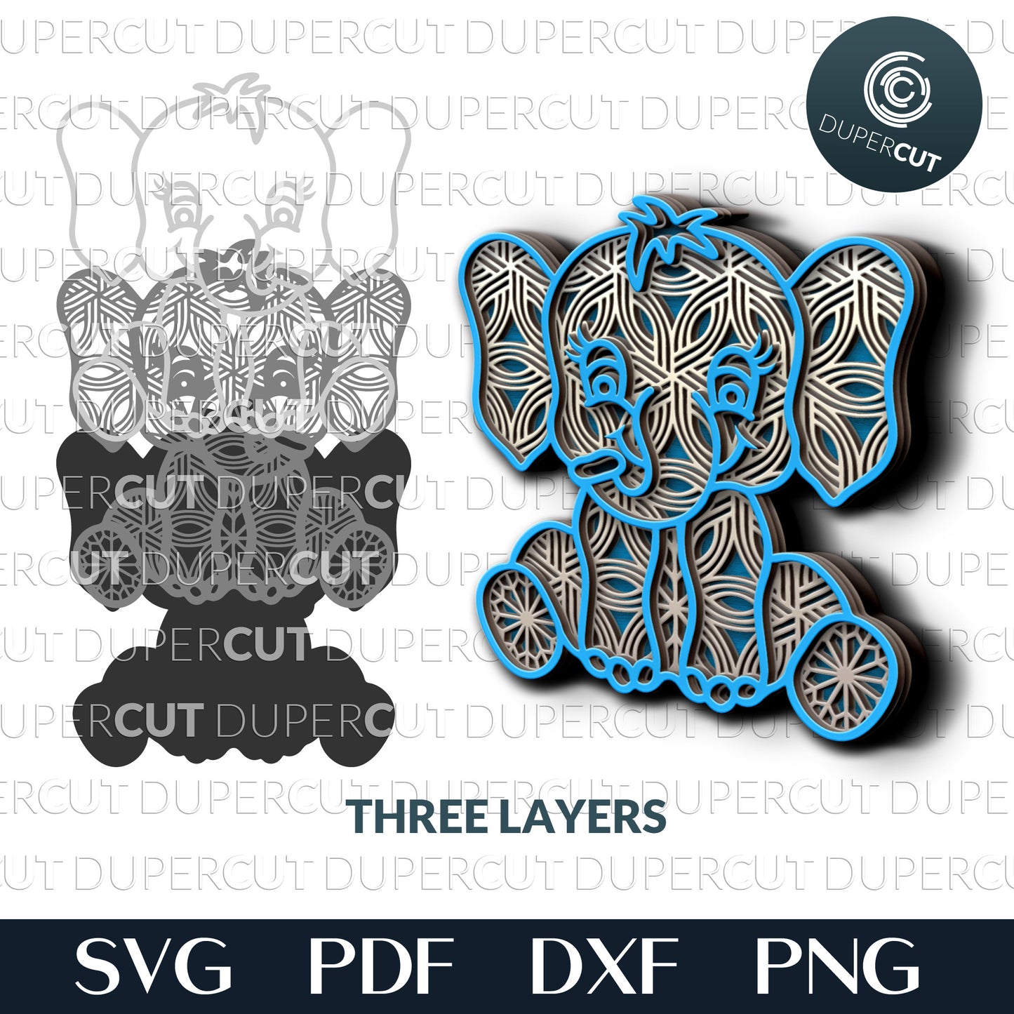 Nursery decoration - layered baby elephant - SVG PDF DXF vector laser cutting files for Glowforge, Cricut, Silhouette Cameo, CNC plasma machines