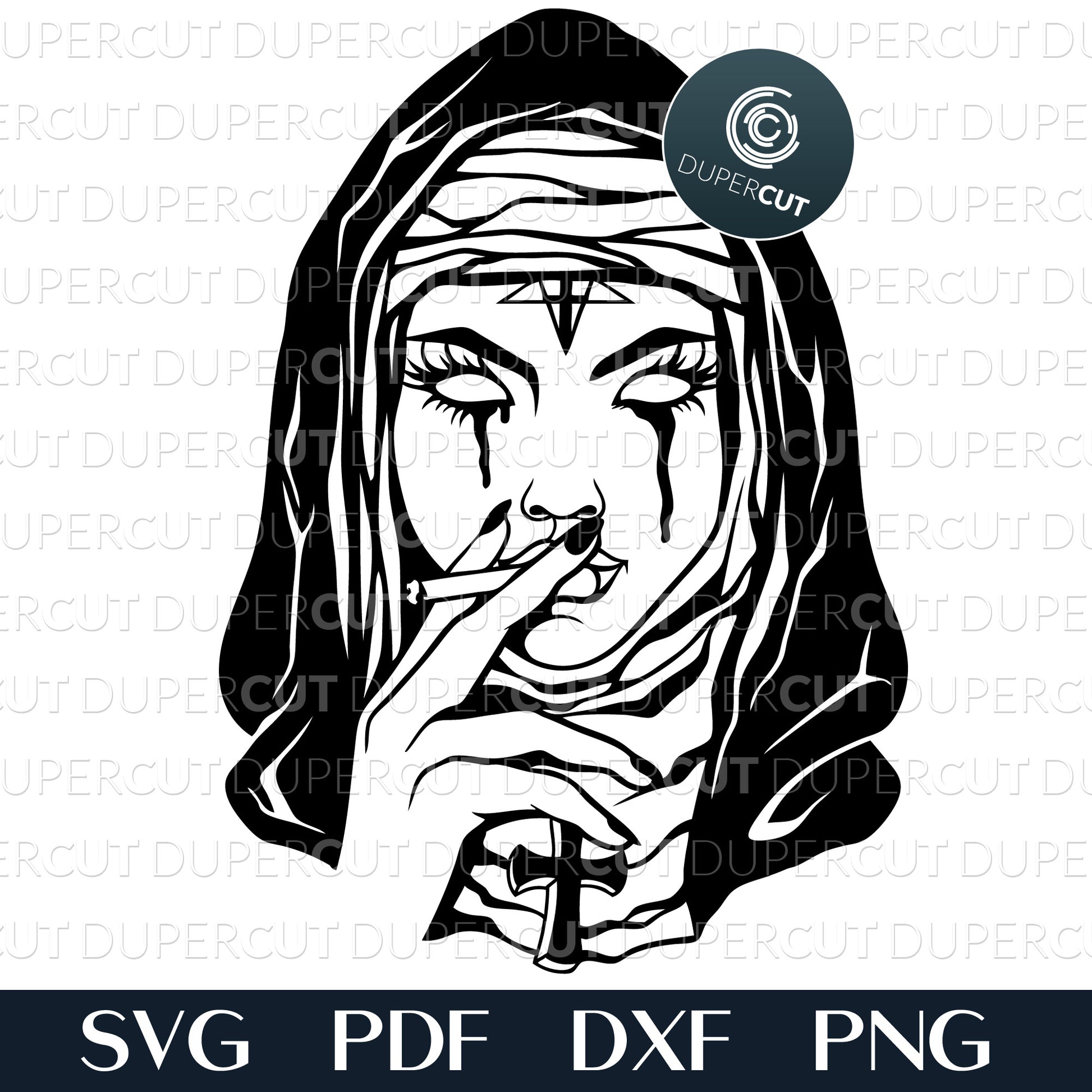 Tattoo Style Nun Paper Cutting Template, Commercial Use, Vinyl Template, SVG, JPEG, DXF, Horror Template, Halloween Template, Religious Template 