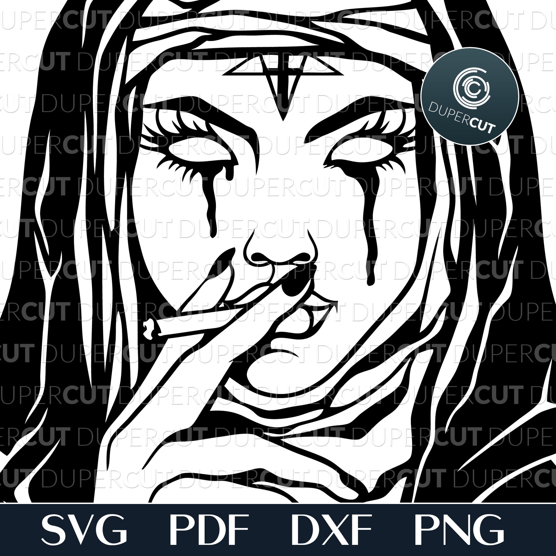 Smoking Nun, Black gothic design, grunge scary illustration, paper cutting template for Cricut, Silhouette Cameo, Glowforge