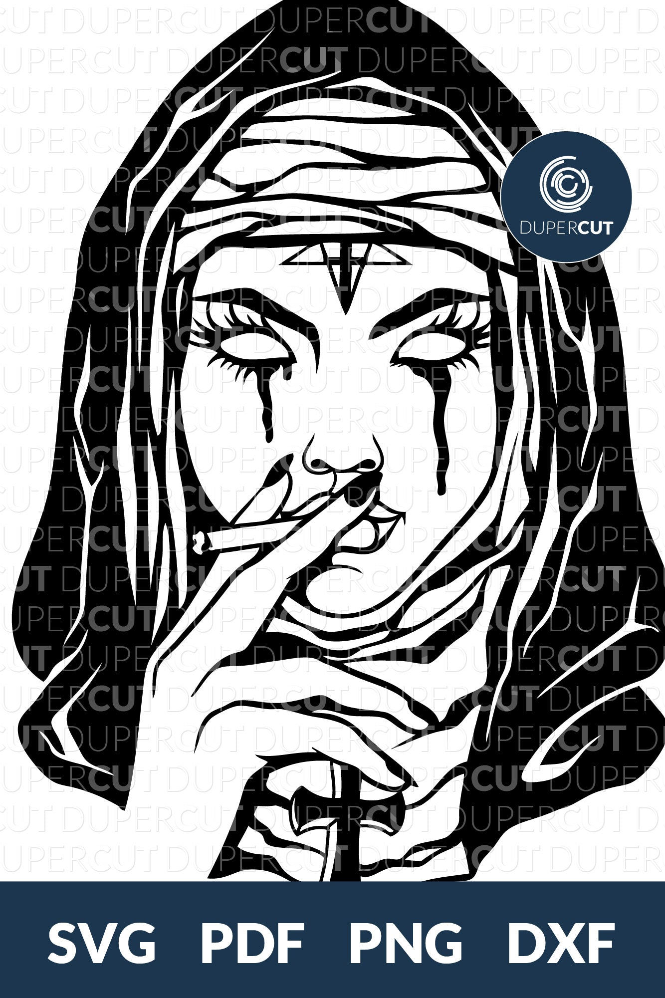 Sinful Nun line drawing, SVG PNG DXF cutting files, for print on demand, sublimation, vinyl, commercial use by DuperCut