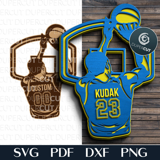 Basketball sign with custom name and number - SVG EPS DXF vector layered files for Glowforge, Cricut, Silhouette Cameo, CNC plasma machines, scrollsaw pattern by www.DuperCut.com