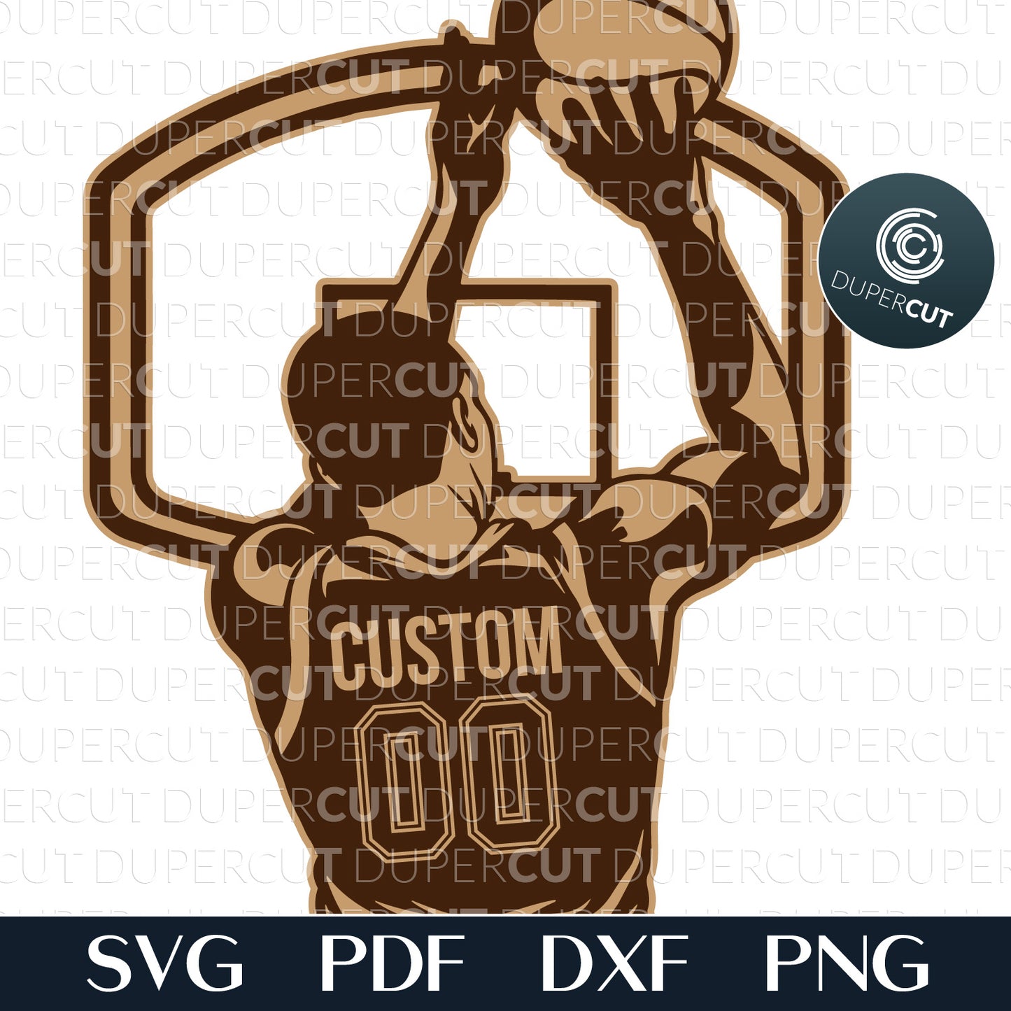 Basketball sign with custom name and number - SVG EPS DXF vector layered files for Glowforge, Cricut, Silhouette Cameo, CNC plasma machines, scroll saw pattern by www.DuperCut.com
