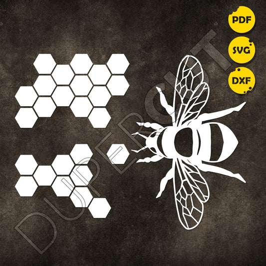 Papercutting Template - Stencil - Bee with Honecomb Hexagons