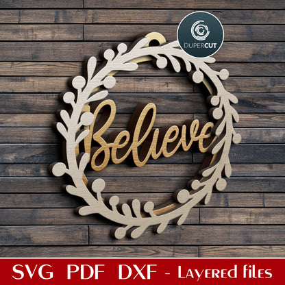 Christmas sign wreath ornament door hanger - SVG DXF laser cutting files for Glowforge, Cricut, Silhouette cameo, cnc plasma machines, scroll saw pattern by DuperCut