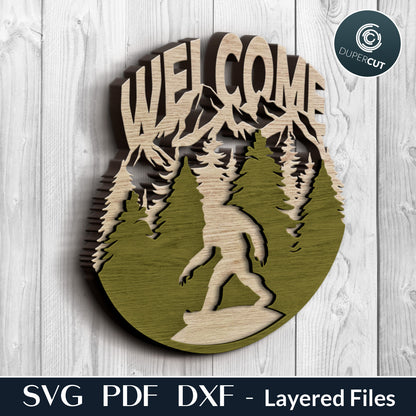 Dual-layer cutting files - Bigfoot welcome sign. SVG PDF DXF files for laser cutting machines, Glowforge, CNC plasma.
