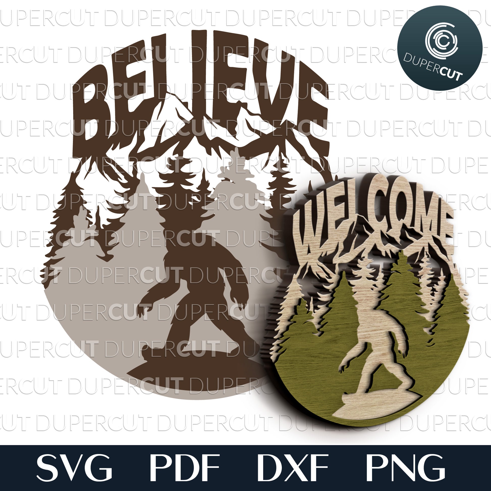 Bigfoot welcome sign, layered template. SVG PDF DXF files for laser cutting machines, Glowforge, CNC plasma.