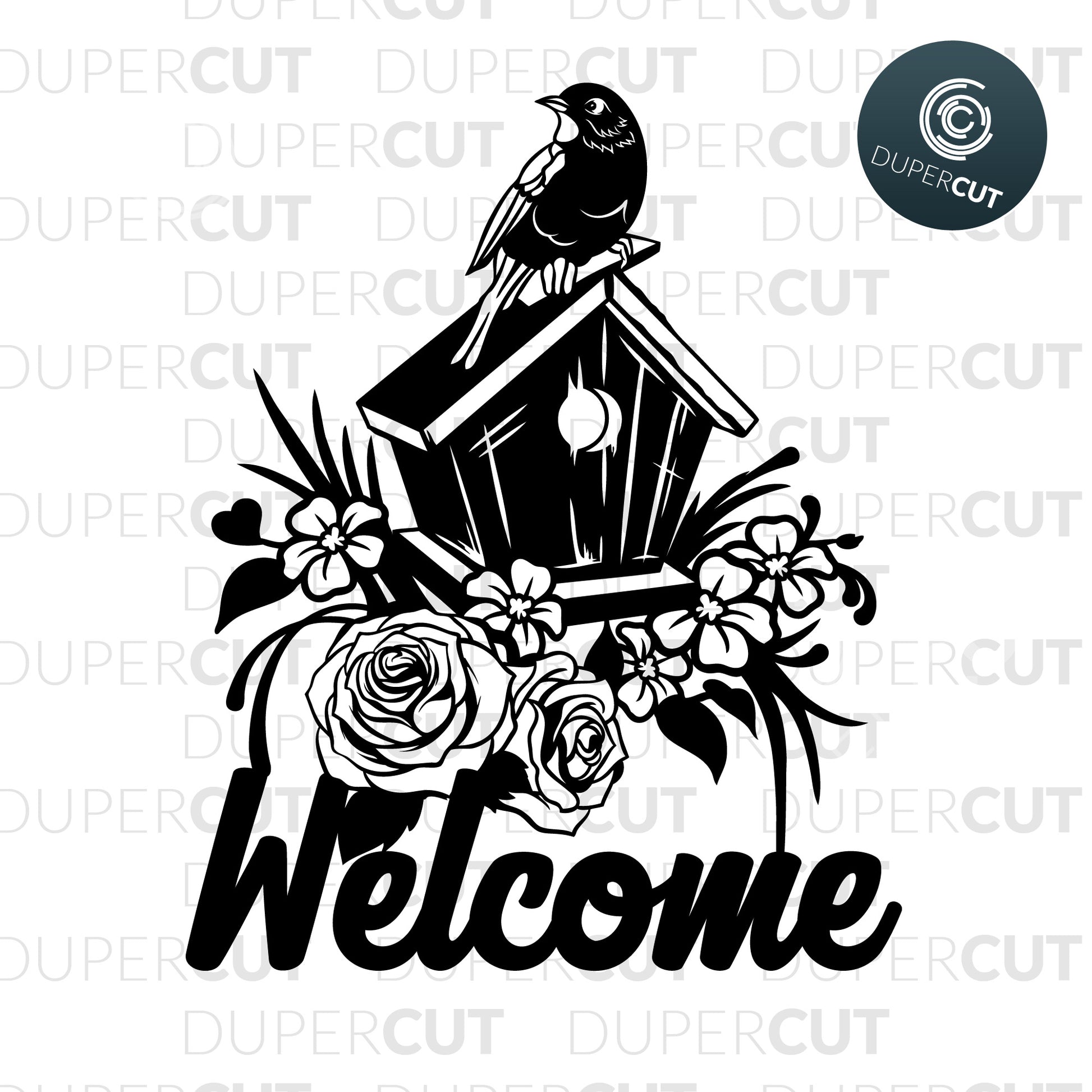 Flower birdhouse, welcome sign for cottage. Paper cutting template SVG PNG DXF files. For DIY projects Cricut, Glowforge, Silhouette Cameo, CNC Machines, laser.