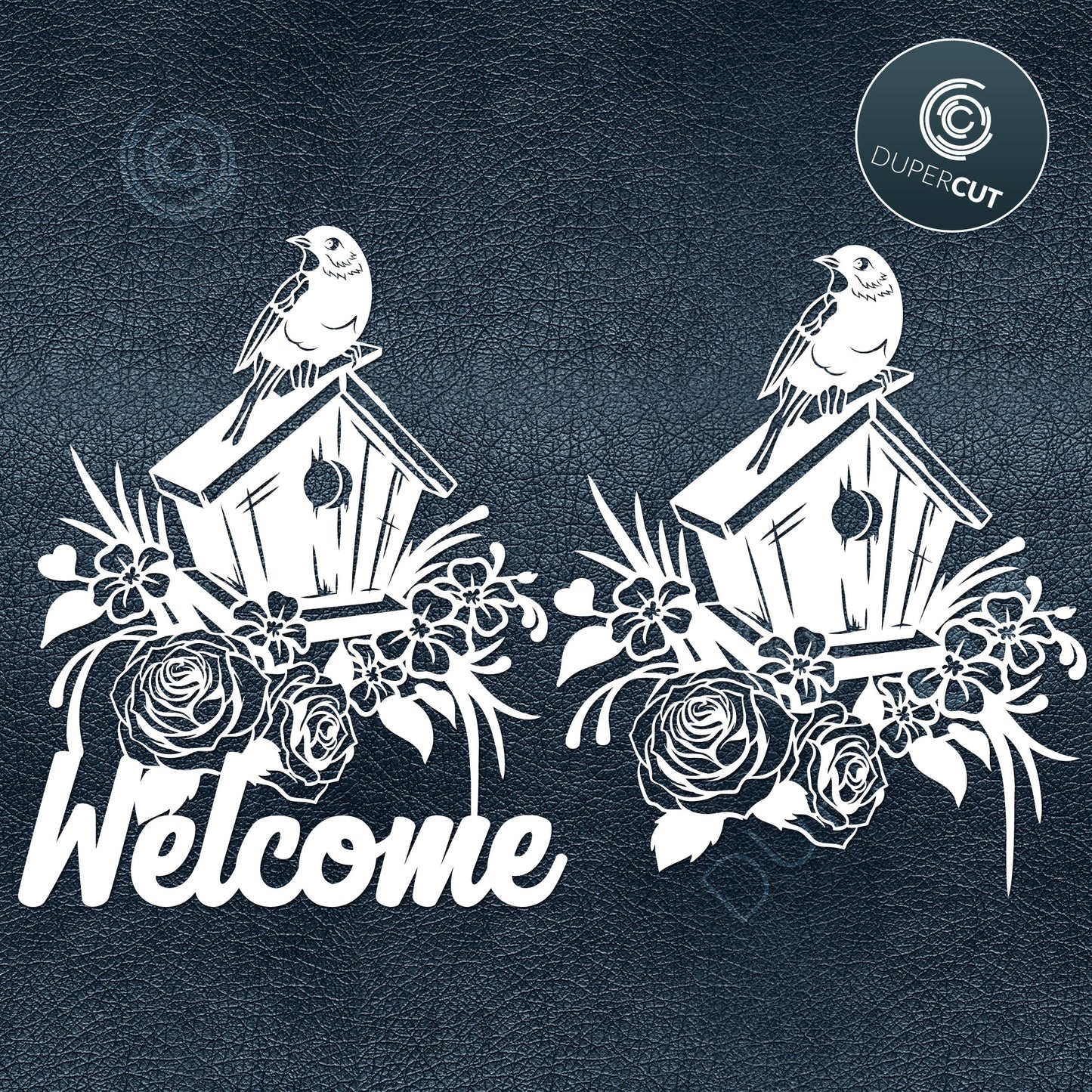 Welcome Sign, birdhouse with roses. Paper cutting template SVG PNG DXF files. For DIY projects Cricut, Glowforge, Silhouette Cameo, CNC Machines.