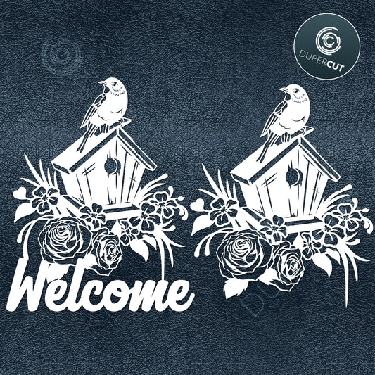 Welcome Sign, birdhouse with roses. Paper cutting template SVG PNG DXF files. For DIY projects Cricut, Glowforge, Silhouette Cameo, CNC Machines.