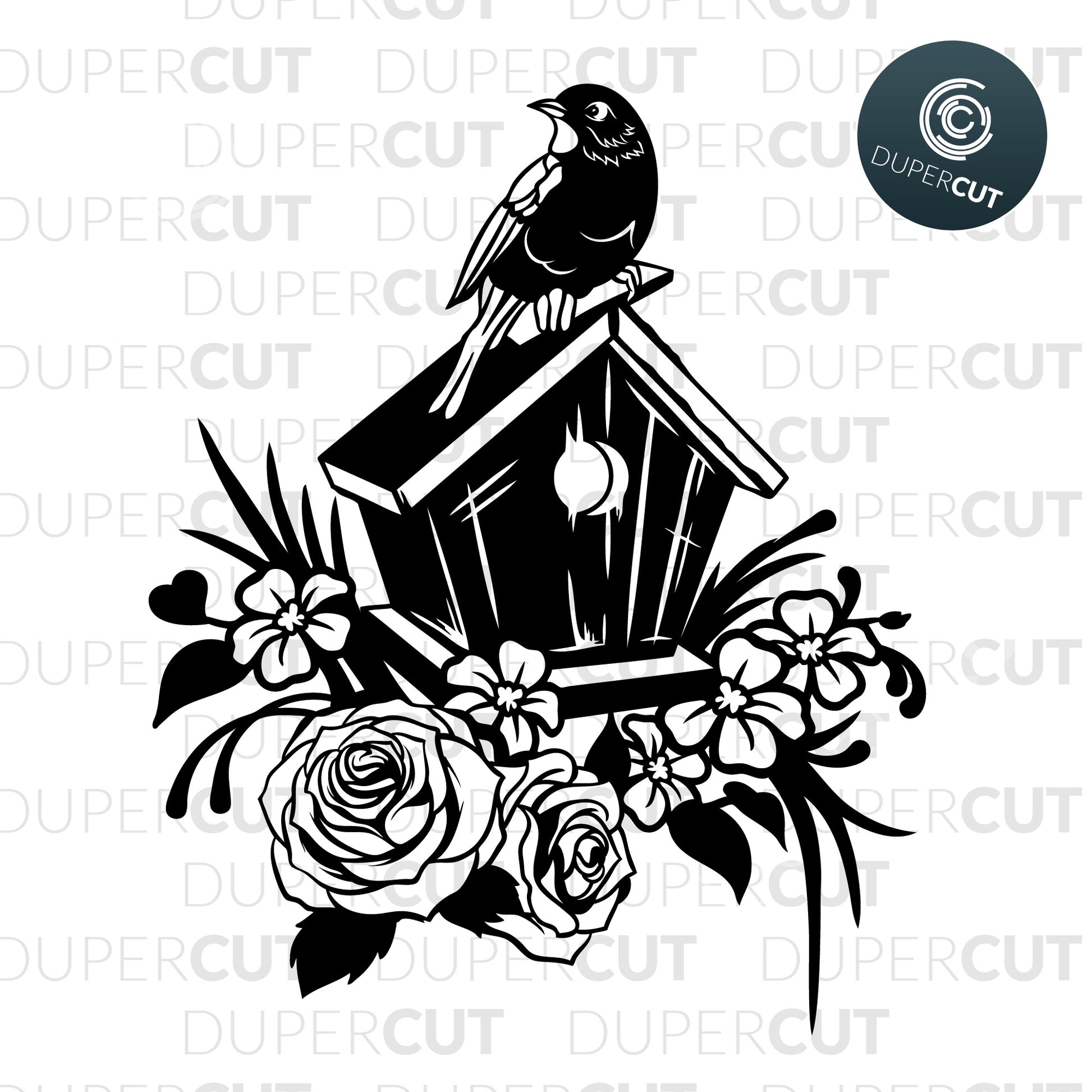 Black clipart birdhouse with flowers. Paper cutting template SVG PNG DXF files. For DIY projects Cricut, Glowforge, Silhouette Cameo, CNC Machines.