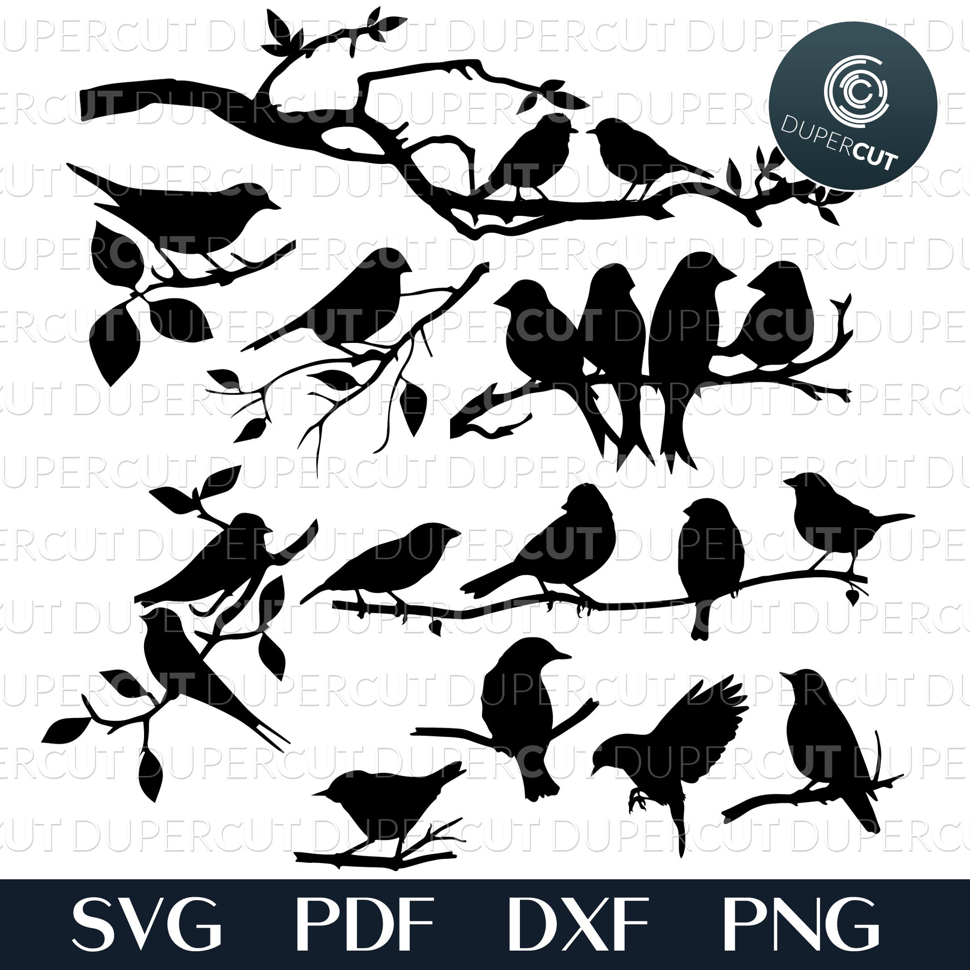 Birds on a branch - easy to weed - SVG DXF PNG vector files for laser and CNC machines, Cricut, Silhouette Cameo, Glowforge projects. 