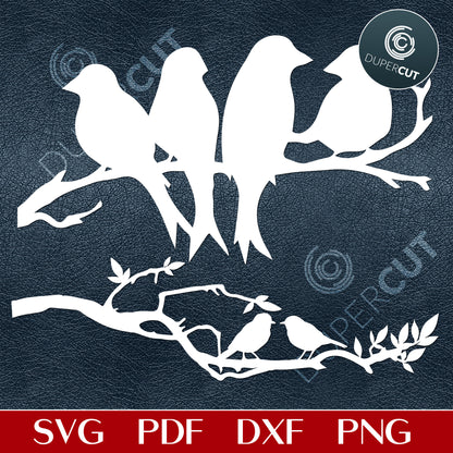 Four Birds on a branch silhouettes - SVG DXF PNG vector files for laser and CNC machines, Cricut, Silhouette Cameo, Glowforge projects. 