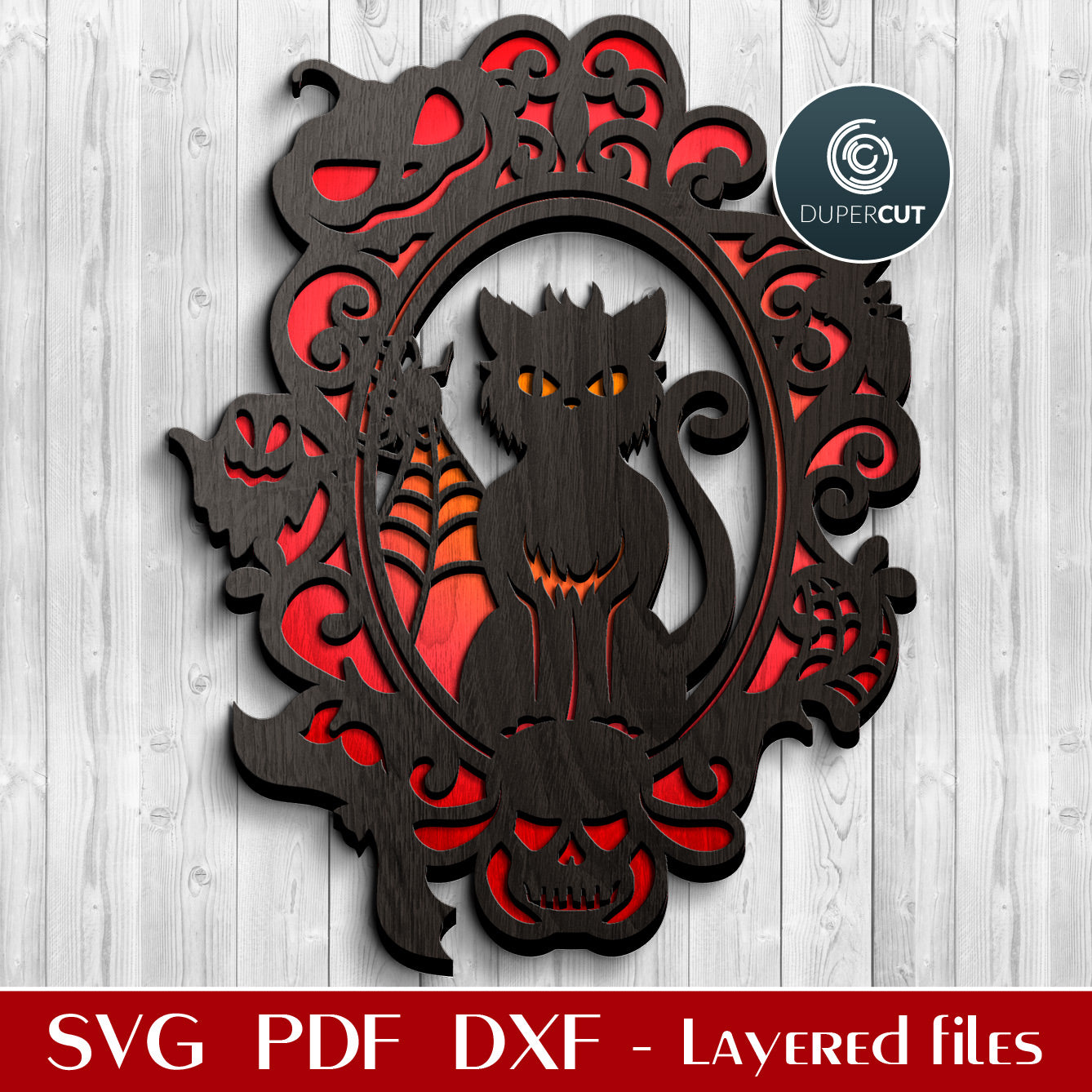 Spooky Black Cat Halloween decoration template - SVG PNG DXF layered cutting files for laser machines Glowforge, Cricut, Silhouette, CNC plasma machines by DuperCut