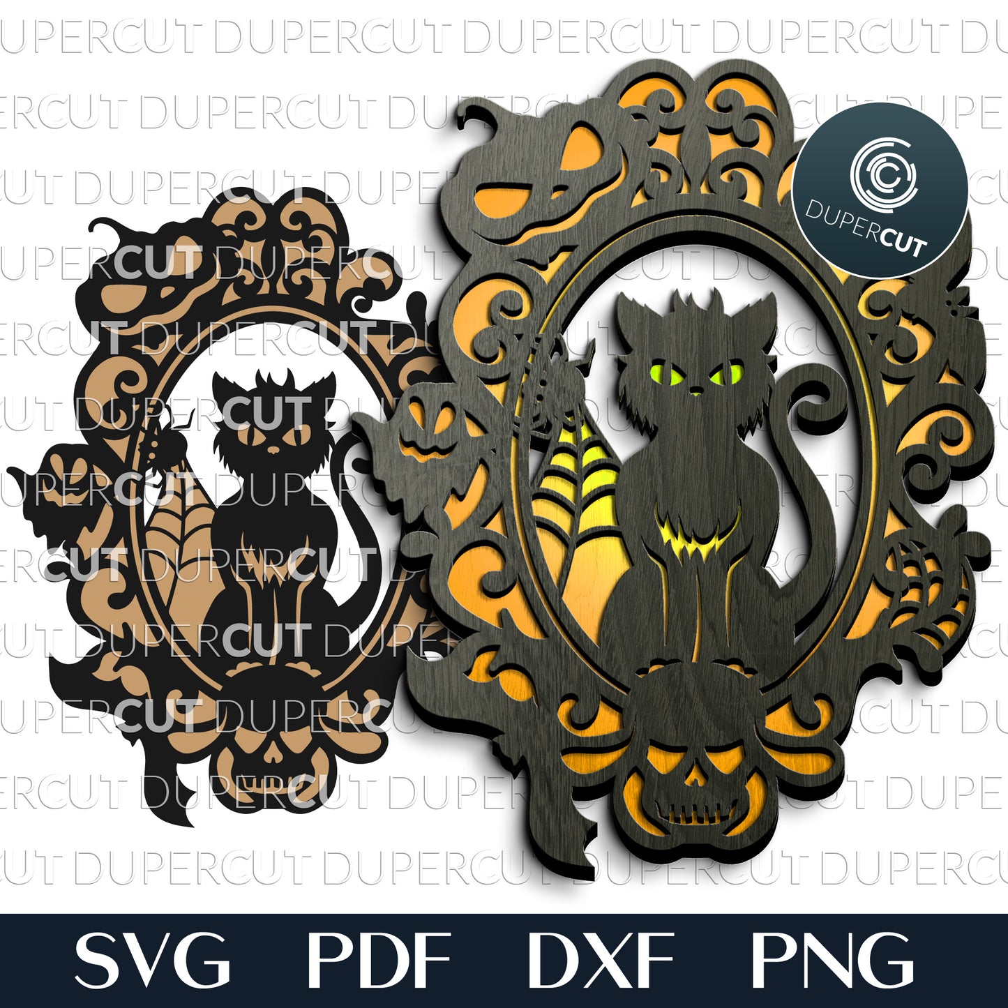 Black cat Halloween door hanger layered designs for laser cutting machines. SVG PDF DXF vector files for Glowforge, Cricut, Silhouette, CNC plasma machines
