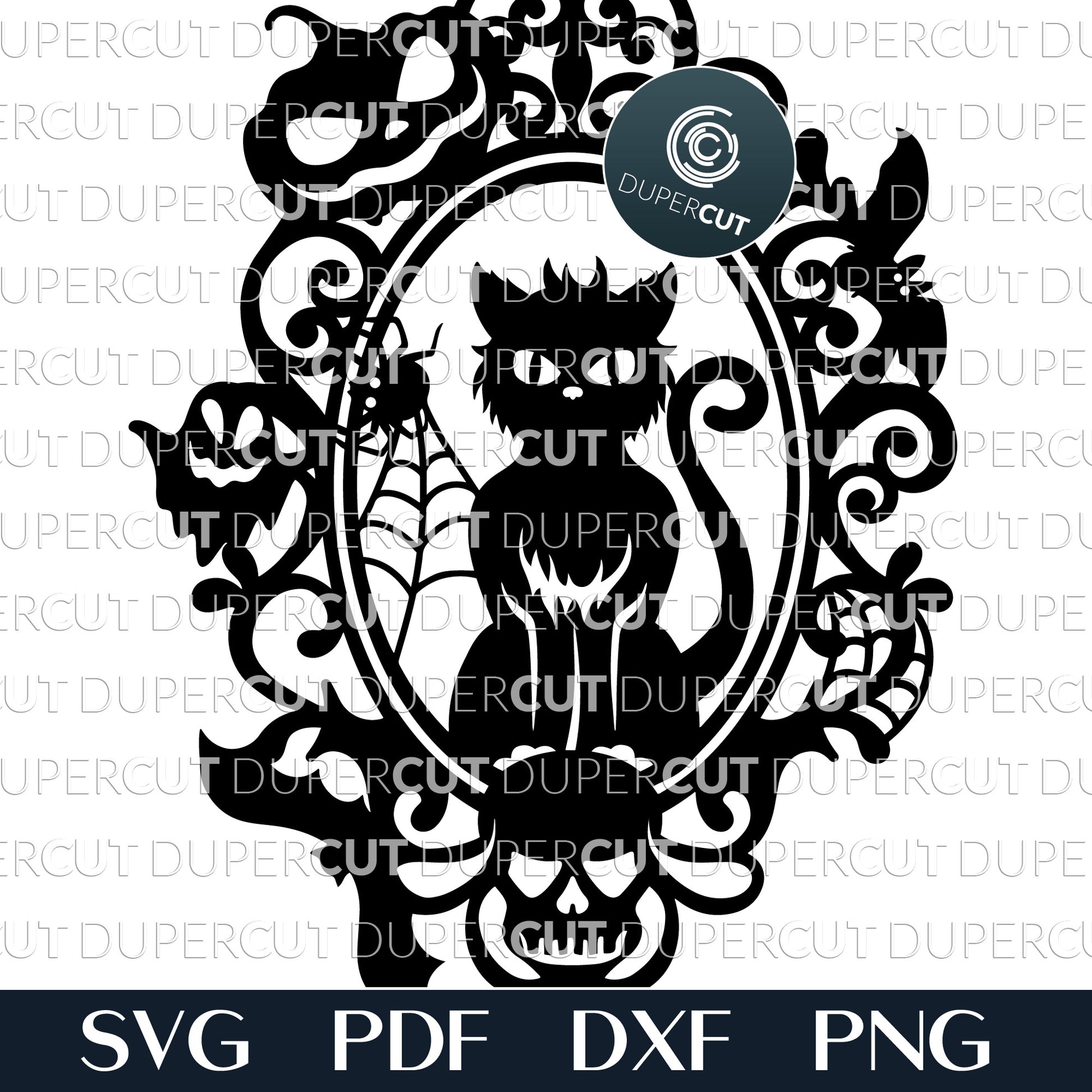 Black Cat with spider web Halloween papercutting template - SVG PNG DXF layered cutting files for laser machines Glowforge, Cricut, Silhouette, CNC plasma machines by DuperCut