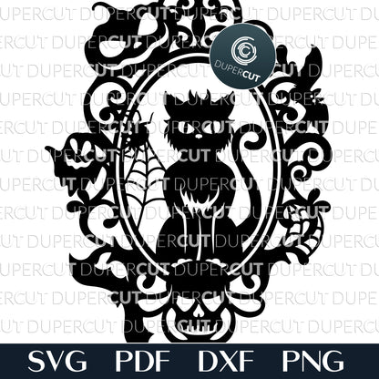 Black Cat with spider web Halloween papercutting template - SVG PNG DXF layered cutting files for laser machines Glowforge, Cricut, Silhouette, CNC plasma machines by DuperCut