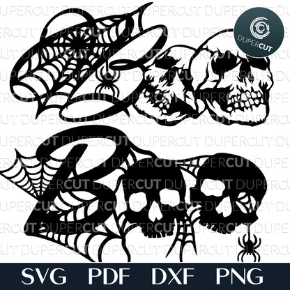Halloween decoration - Boo skulls with spider web SVG PDF DXF vector files for laser cutting, engraving, printing, Glowroge, Cricut and CNC plasma machines.