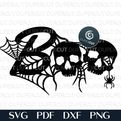 Halloween illustration - Boo skulls with spider web SVG PDF DXF commercial use vector cutting files for Glowroge, Cricut, laser engraving, print on demand