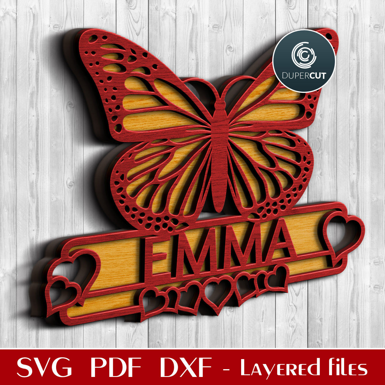 Butterfly name sign, add custom text personalized gift for girls - SVG DXF vector layered cutting files for Glowforge, Cricut, Silhouette Cameo, laser cutting machines by DuperCut