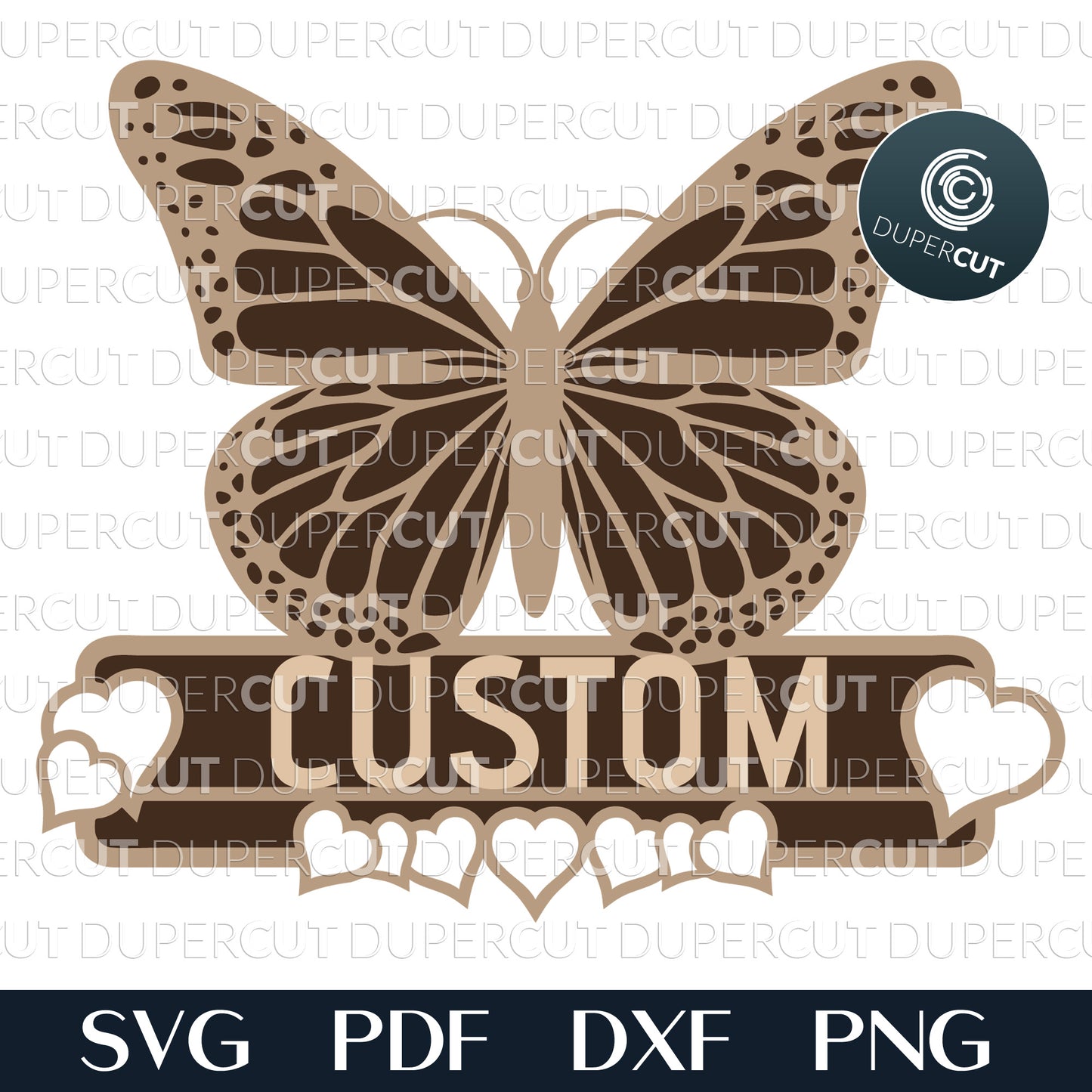 Cute butterfly custom name sign with hearts - SVG DXF vector layered cutting files for Glowforge, Cricut, Silhouette Cameo, laser cutting machines by DuperCut