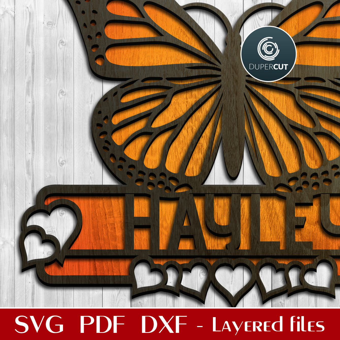 Monarch butterfly name sign with hearts - SVG DXF vector layered cutting files for Glowforge, Cricut, Silhouette Cameo, laser cutting machines by DuperCut