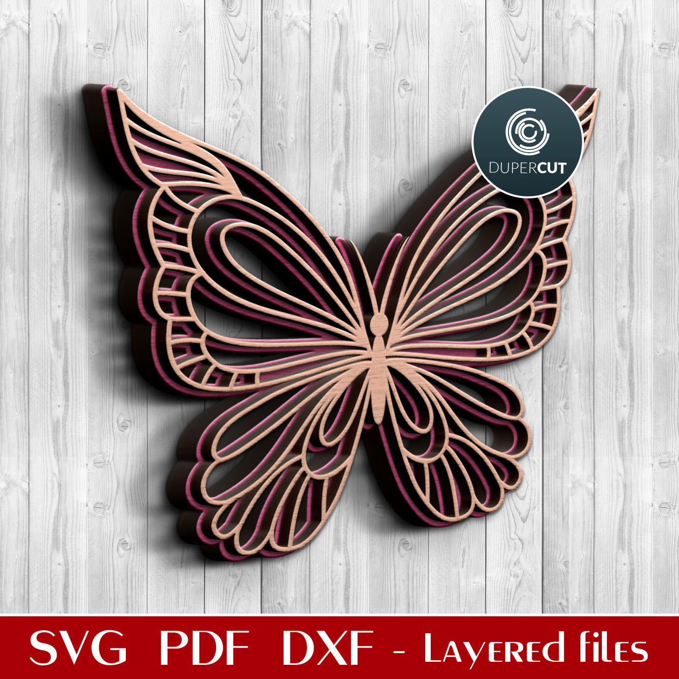 Layered butterfly - laser cutting template - SVG PDF DXF vector files for cutting with Glowforge, Cricut, Silhouette Cameo, CNC plasma machines by DuperCut