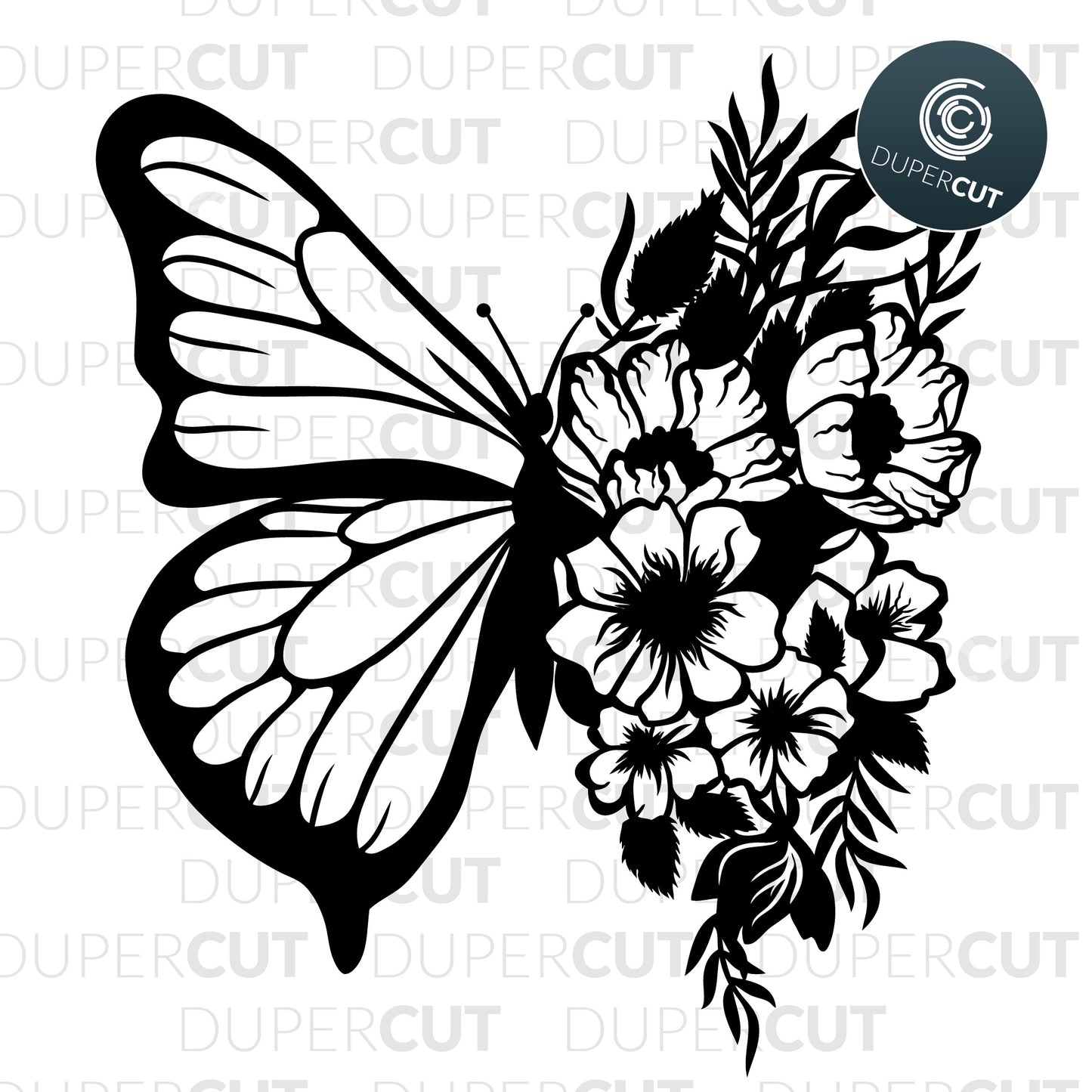 Half butterfly, half flower tattoo black illustration. SVG JPEG DXF files. Template for paper cutting, laser, print on demand. For use with Cricut, Glowforge, Silhouette Cameo, CNC machines. Personal or commercial license.