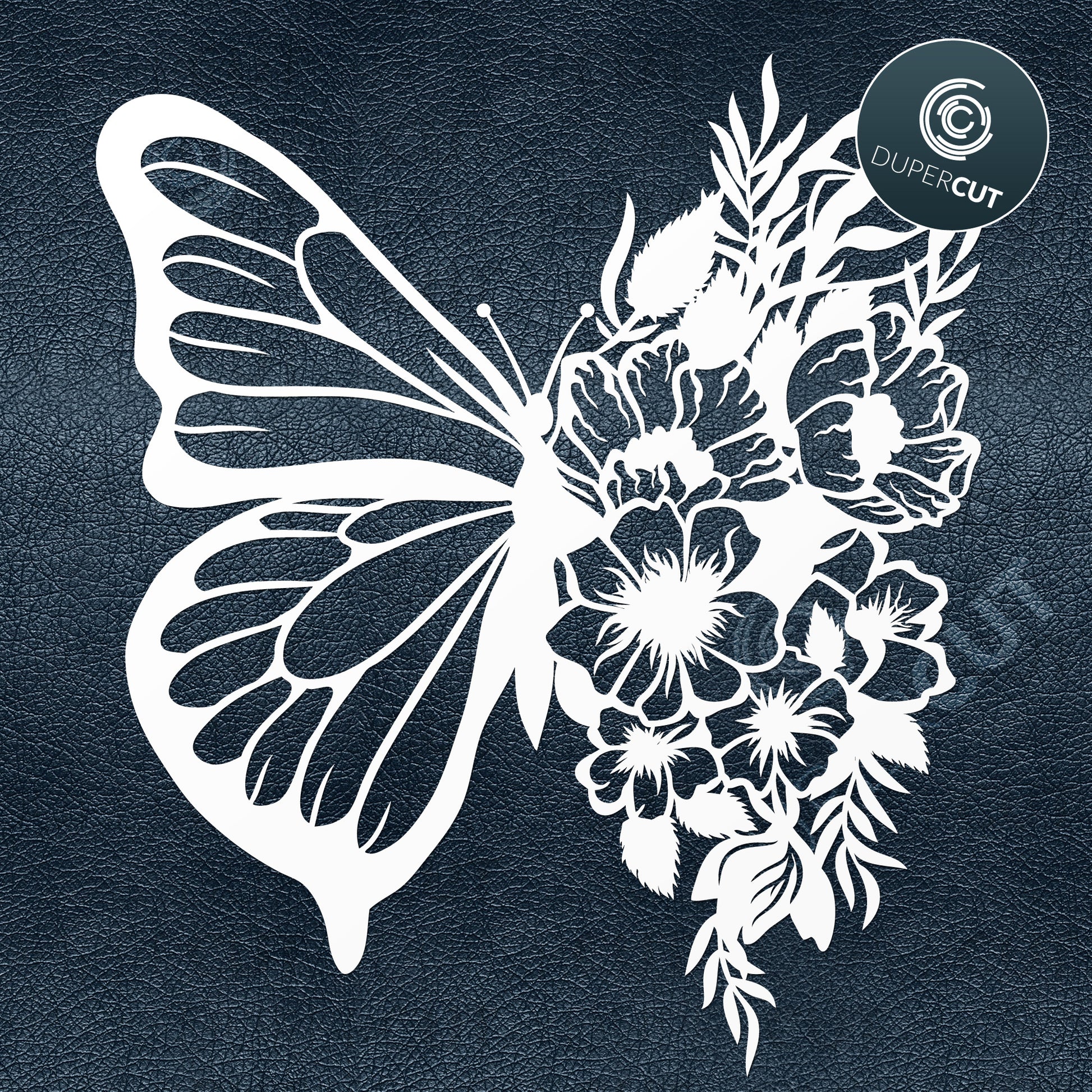 Floral butterfly, half flowers. SVG JPEG DXF files. Template for paper cutting, laser, print on demand. For use with Cricut, Glowforge, Silhouette Cameo, CNC machines. Personal or commercial license.