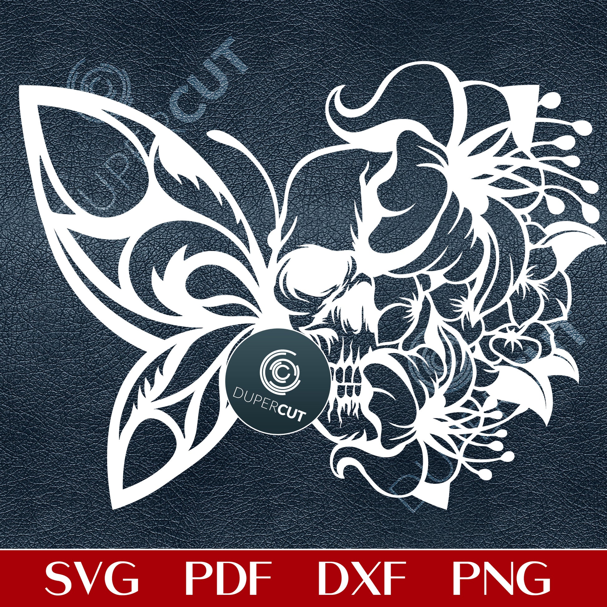Floral Skull Half butterfly - paper cutting template - SVG DXF PNG vector files for laser cutting and engraving. For use with Glowforge, Cricut, Silhouette, CNC plasma machines