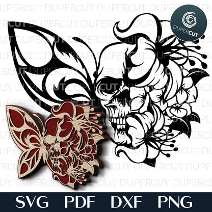 Gothic Half butterfly with skull - SVG DXF PNG vector layered files for laser cutting and engraving. For use with Glowforge, Cricut, Silhouette, CNC plasma machines