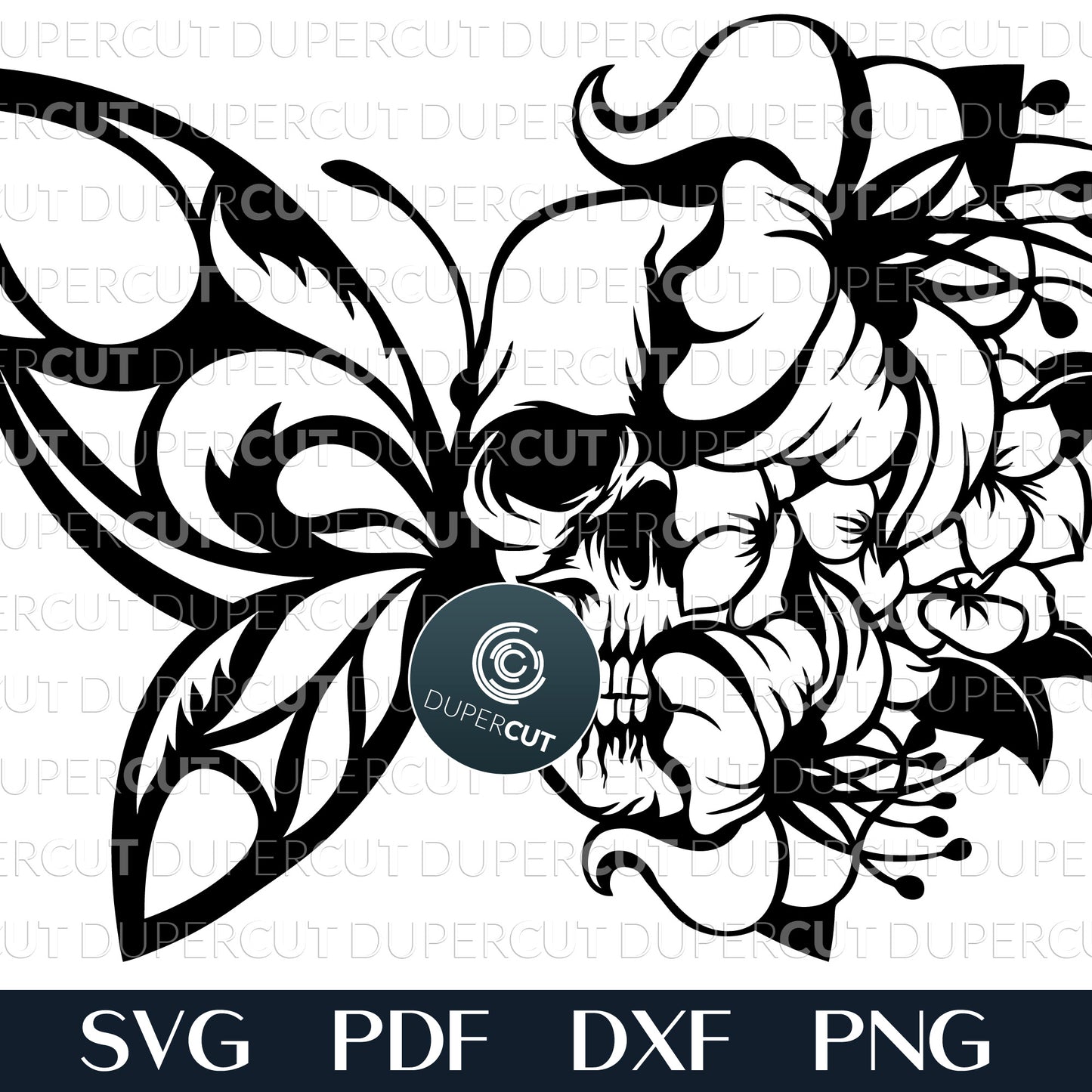 Steampunk floral Half butterfly with skull - SVG DXF PNG vector files for laser cutting and engraving. For use with Glowforge, Cricut, Silhouette, CNC plasma machines