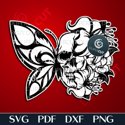 Gothic Half butterfly moth with skull - SVG DXF PNG layered cutting files for laser. For use with Glowforge, Cricut, Silhouette, CNC plasma machines