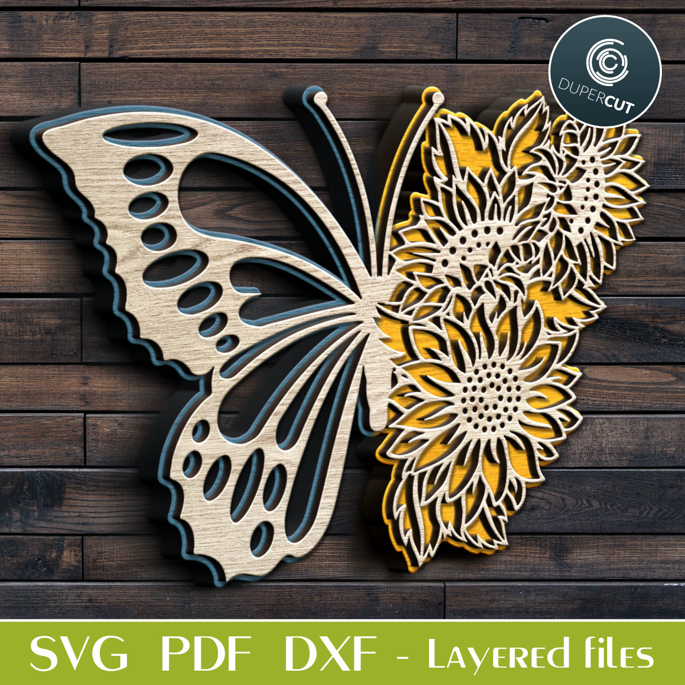 Floral morphing half-butterfly - SVG PDF DXF layered vector files for laser cutting and engraving. For use with Glowforge, Cricut, Silhouette, CNC plasma machines