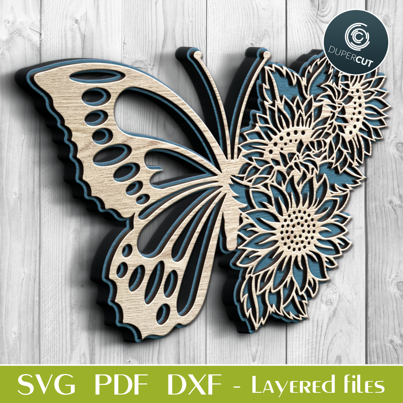 Floral morphing Half butterfly - SVG PDF DXF layered vector files for laser cutting and engraving. For use with Glowforge, Cricut, Silhouette, CNC plasma machines