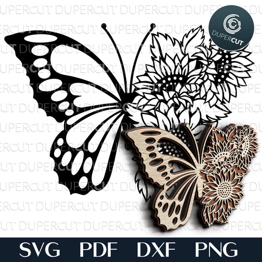 Half butterfly with sunflowers - SVG PDF DXF layered vector files for laser cutting and engraving. For use with Glowforge, Cricut, Silhouette, CNC plasma machines