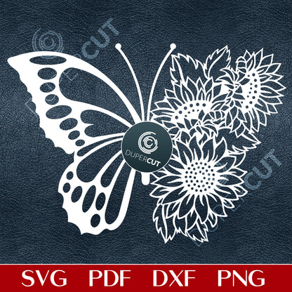 Half butterfly with sunflowers, vinyl cutting template- SVG PDF DXF layered vector files for laser cutting and engraving. For use with Glowforge, Cricut, Silhouette, CNC plasma machines
