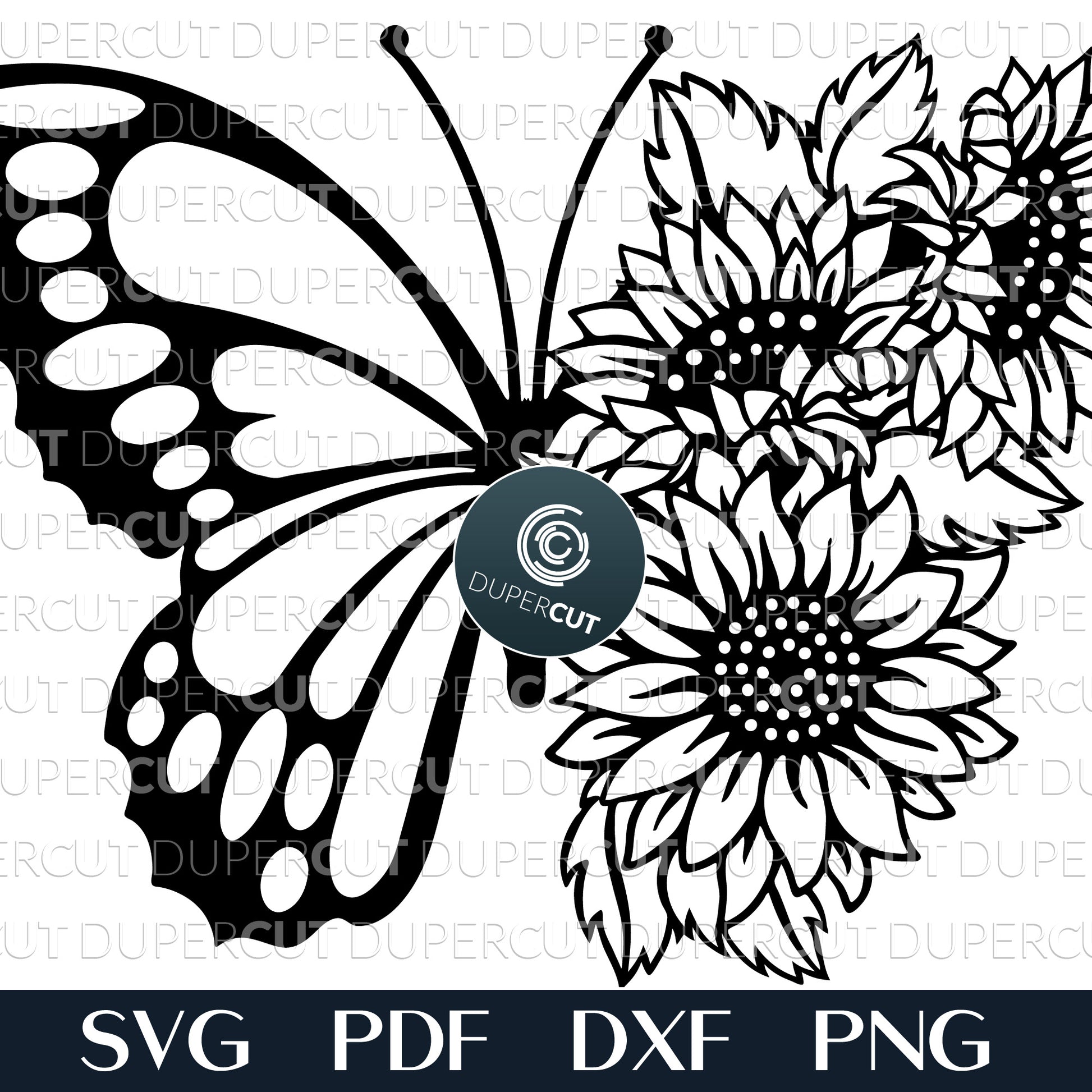 Half butterfly floral illustration, paper cutting template - SVG PDF DXF layered vector files for laser cutting and engraving. For use with Glowforge, Cricut, Silhouette, CNC plasma machines