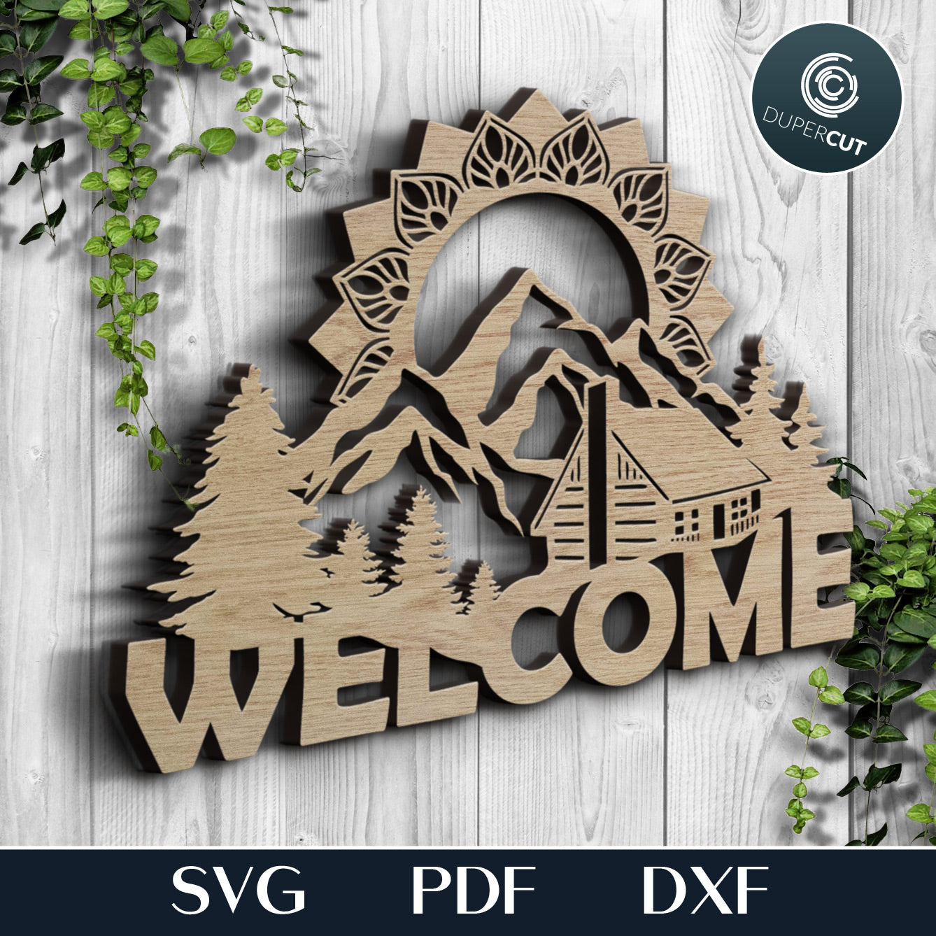 Mandala wilderness scene welcome sign - SVG PDF DXF vector files for laser cutting, engraving, Glowforge, CNC Plasma, Cricut, Silhouette Cameo