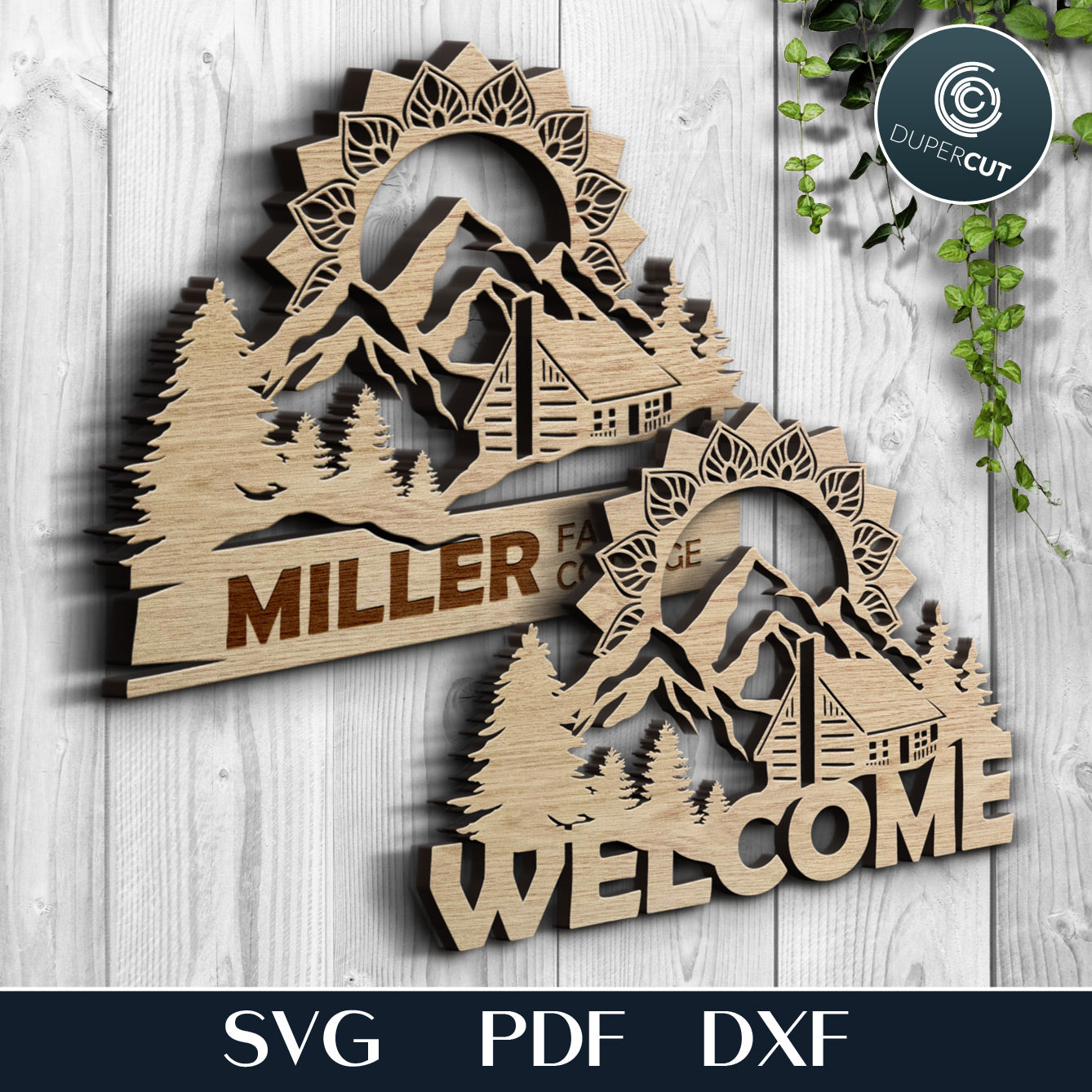 Mandala cabin welcome sign with editable text  - layered laser cutting files SVG PDF DXF templates for commercial use. Glowforge, Cricut, Silhouette Cameo, CNC plasma machines