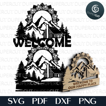 Mandala mountains welcome sign - layered laser cutting files SVG PDF DXF templates for commercial use. Glowforge, Cricut, Silhouette Cameo, CNC plasma machines