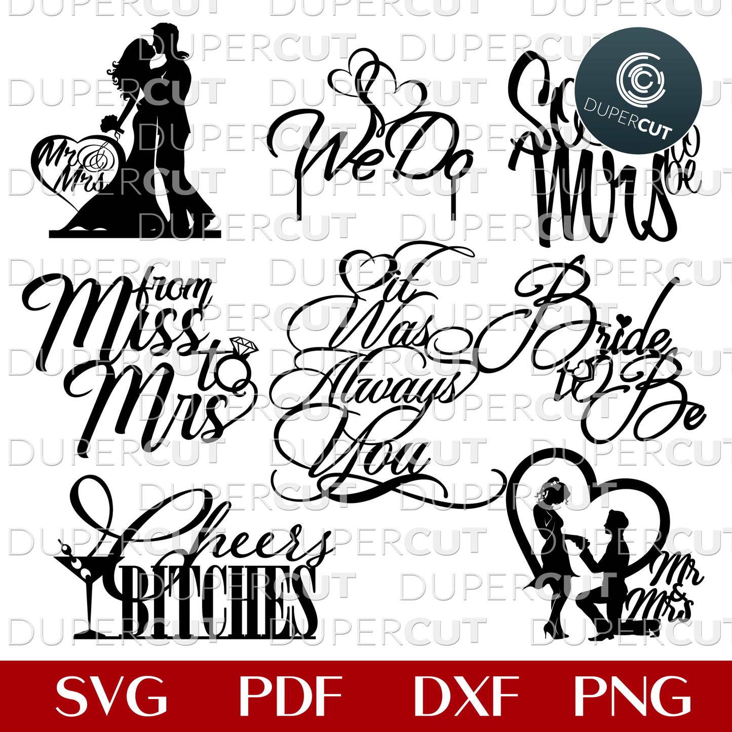 Wedding cake toppers collection - SVG PDF DXF cutting files for laser and digital machines, Glowforge, Cricut, Silhouette cameo, CNC plasma