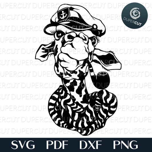 Sailor giraffe with pipe, black caricature animal illustration. SVG PNG DXF cutting files for Cricut, Silhouette, Glowforge, print on demand, sublimation templates